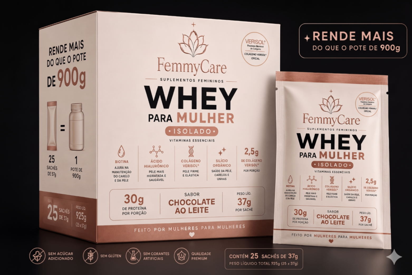 Whey Para Mulher · Caixa 25 Sachês · Chocolate ao Leite